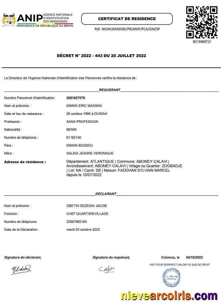 Benin ANIP Agence Nationale d’Identification des Personnes residence certificate